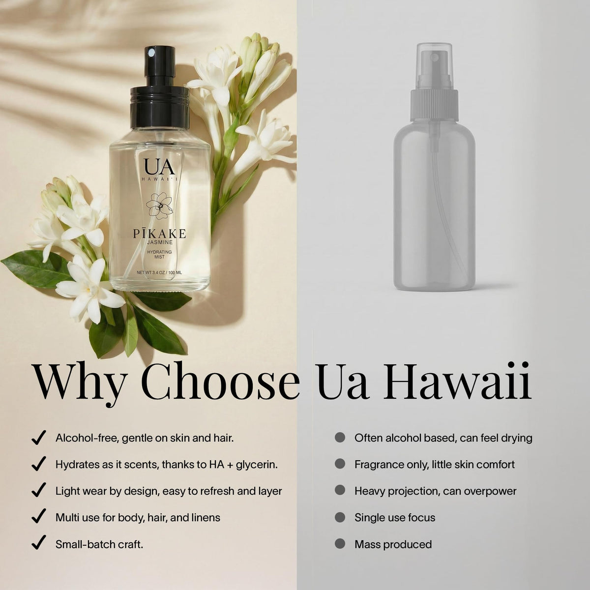 Ua Body mist close-up spray demonstrating fine alcohol-free mist for hydration benefit