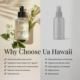 Ua Body mist close-up spray demonstrating fine alcohol-free mist for hydration benefit