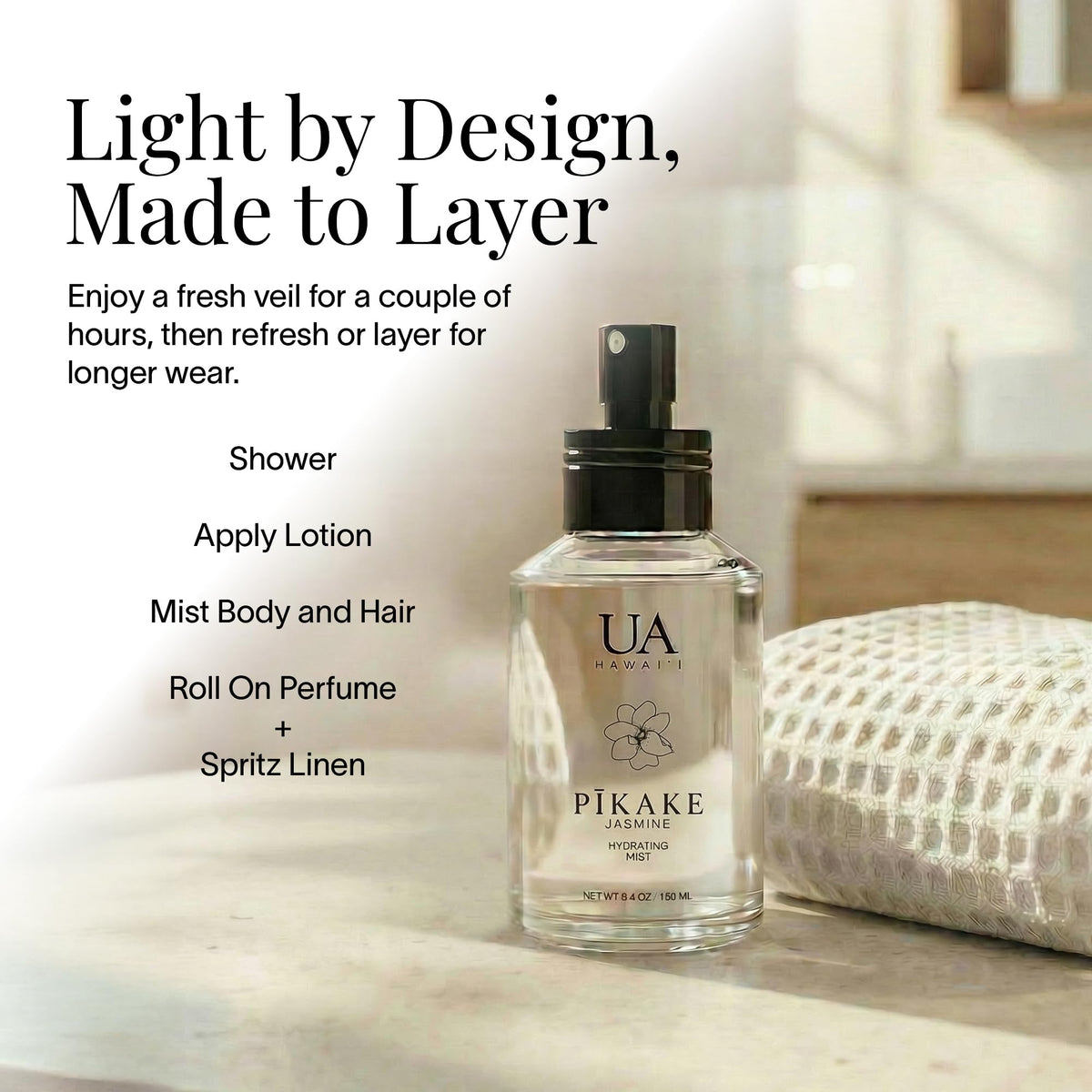 Ua Body bottle on vanity suggesting daily routine convenience and portability benefit