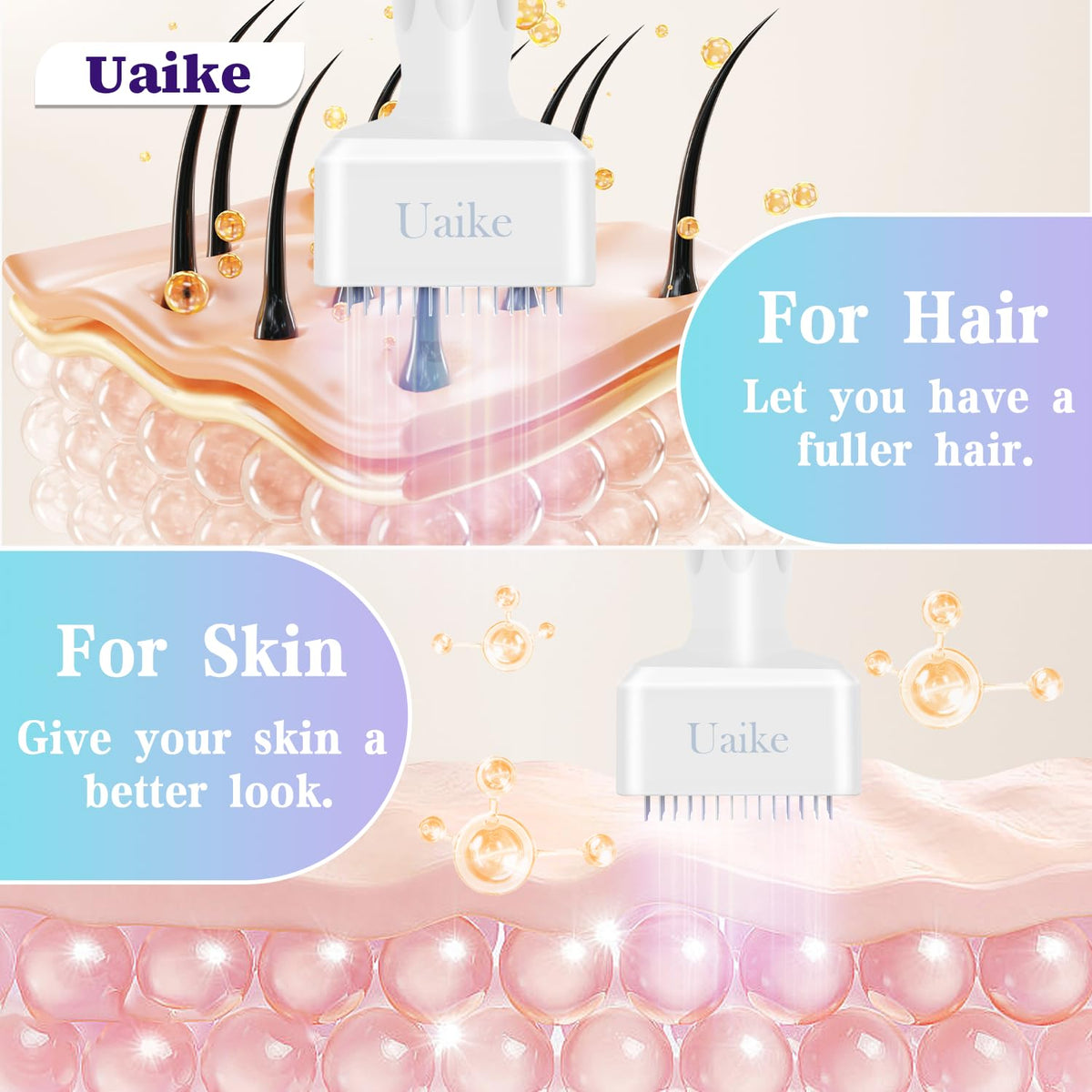 Uaike derma stamp needle head closeup showing 0.25mm microneedles for gentle treatments