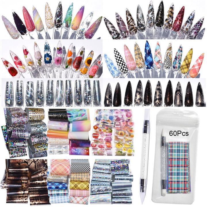UARUOGP front packaging showing 60-piece foil assortment and included silicone tool for varied designs