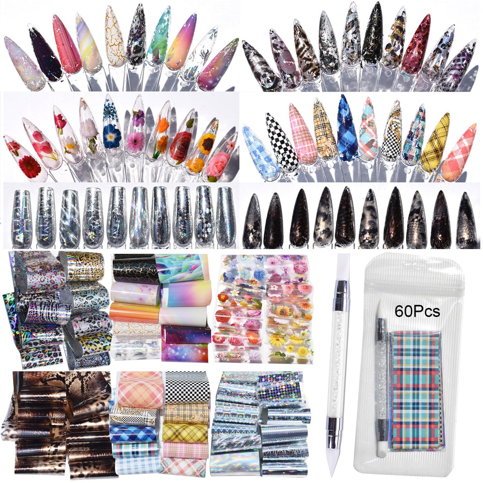 UARUOGP front packaging showing 60-piece foil assortment and included silicone tool for varied designs