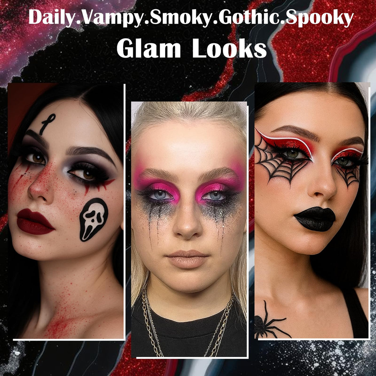 UCANBE applied on model for cosplay showing dramatic goth eye transformation