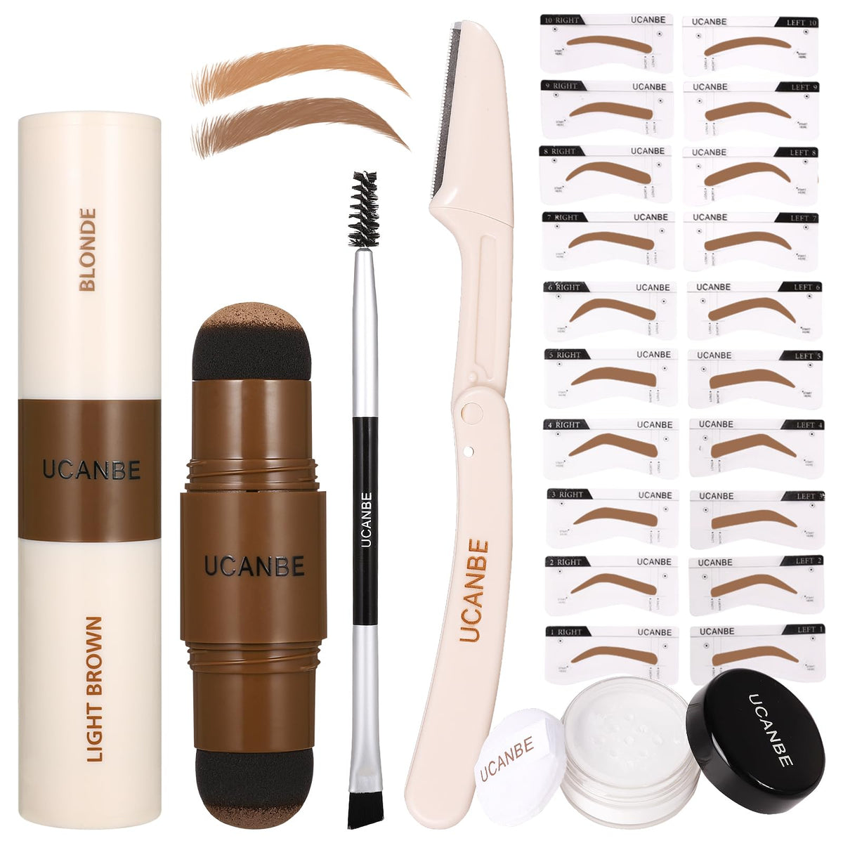 UCANBE front packaging showing the complete eyebrow kit and benefits