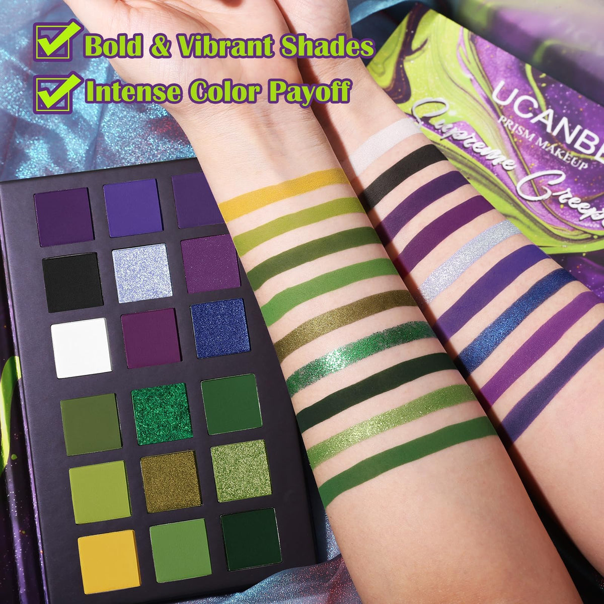 UCANBE close-up of green shades texture — smooth blendable payoff