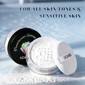 UCANBE powder tucked in makeup bag for quick on-the-go matte touch-ups
