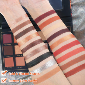 UCANBE open palette top view revealing 18 matte and shimmer shades for versatility