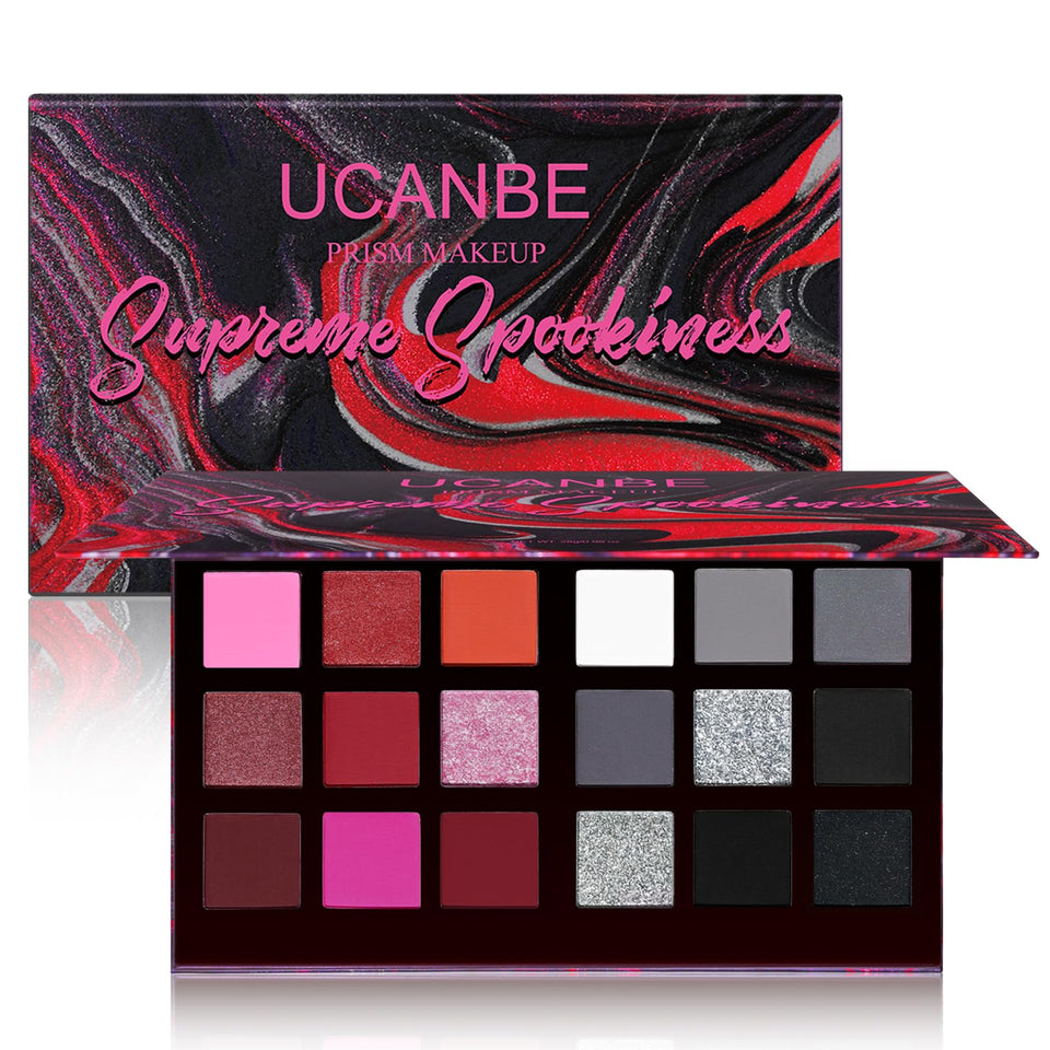 UCANBE palette front open showing 18 shades and dual-tone layout for versatile looks