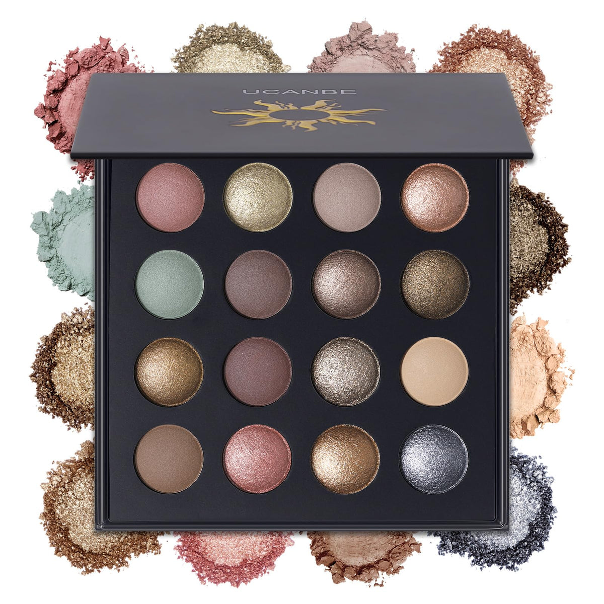 UCANBE palette front view showing all 16 shades and finishes for versatile looks