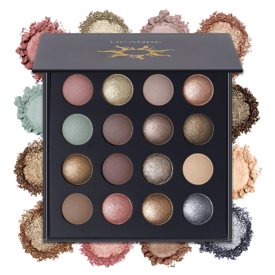 UCANBE palette front view showing all 16 shades and finishes for versatile looks