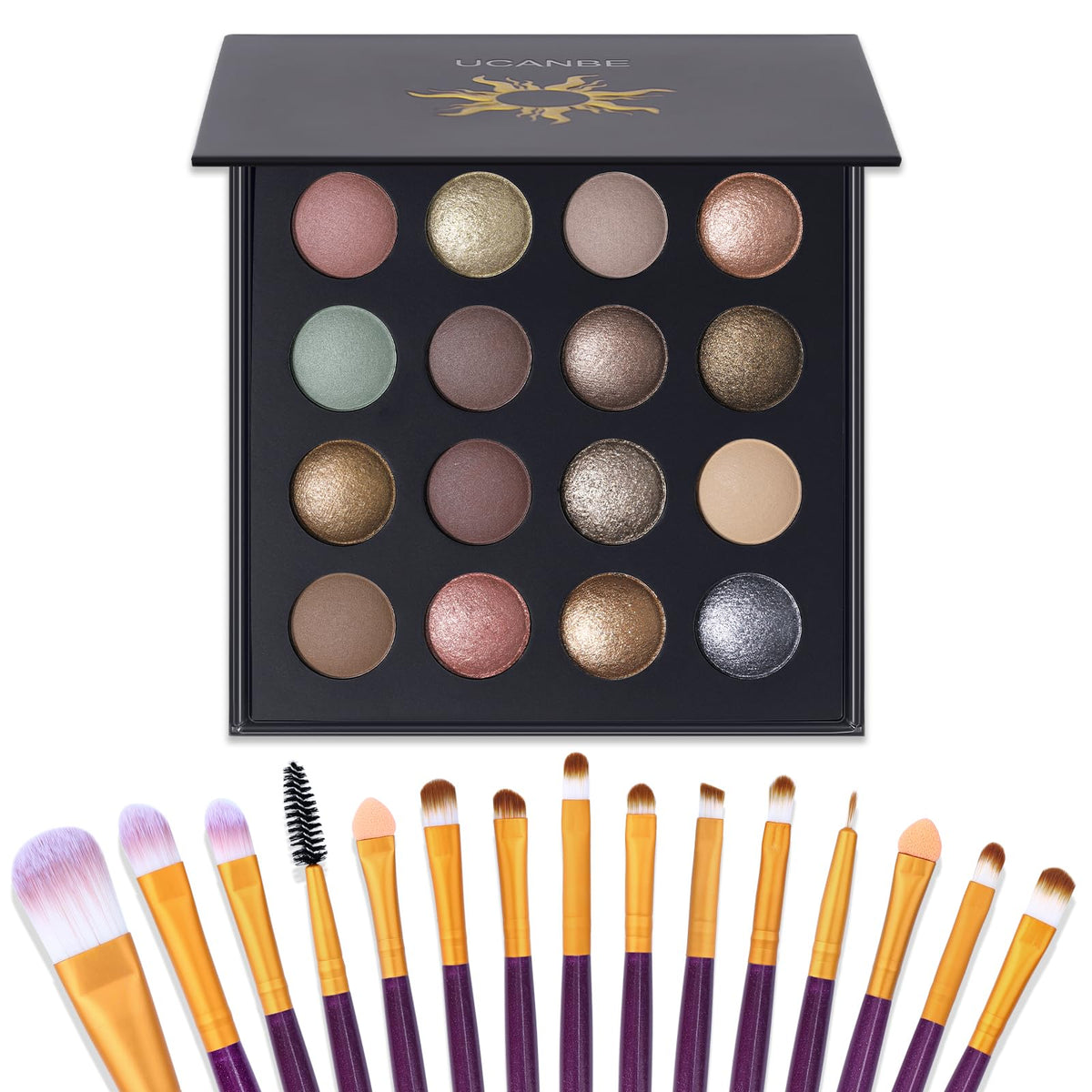 UCANBE palette front view showing all 16 shades and brushes for versatile looks
