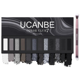UCANBE palette front view showing twelve shades and included brush for versatile looks