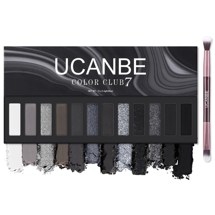 UCANBE palette front view showing twelve shades and included brush for versatile looks