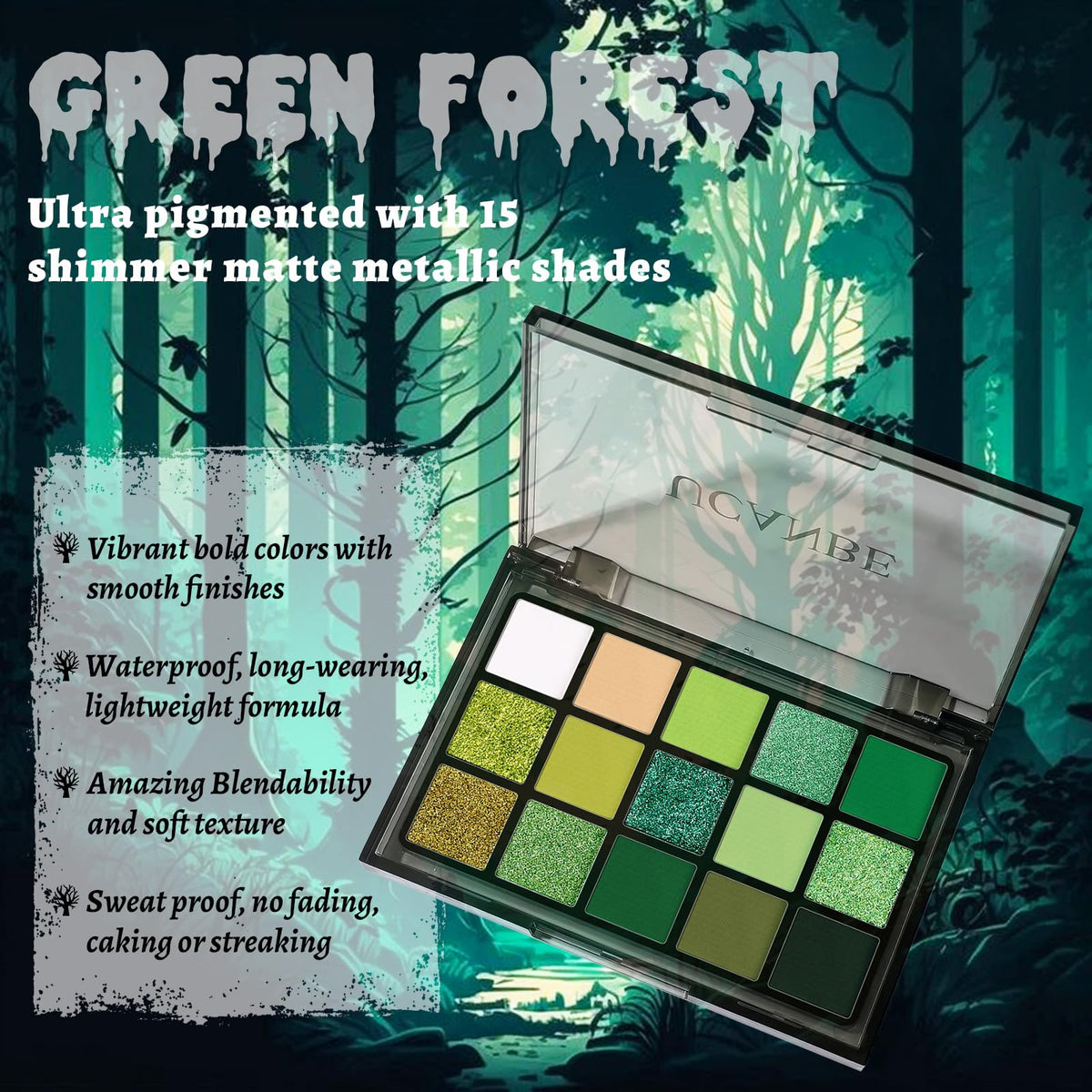 UCANBE palette open top view with 15 green shades for versatile looks