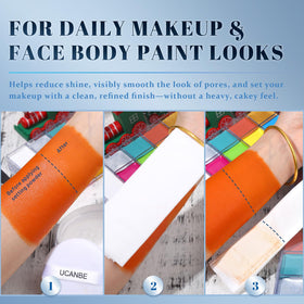 UCANBE powder on included puff for easy controlled application