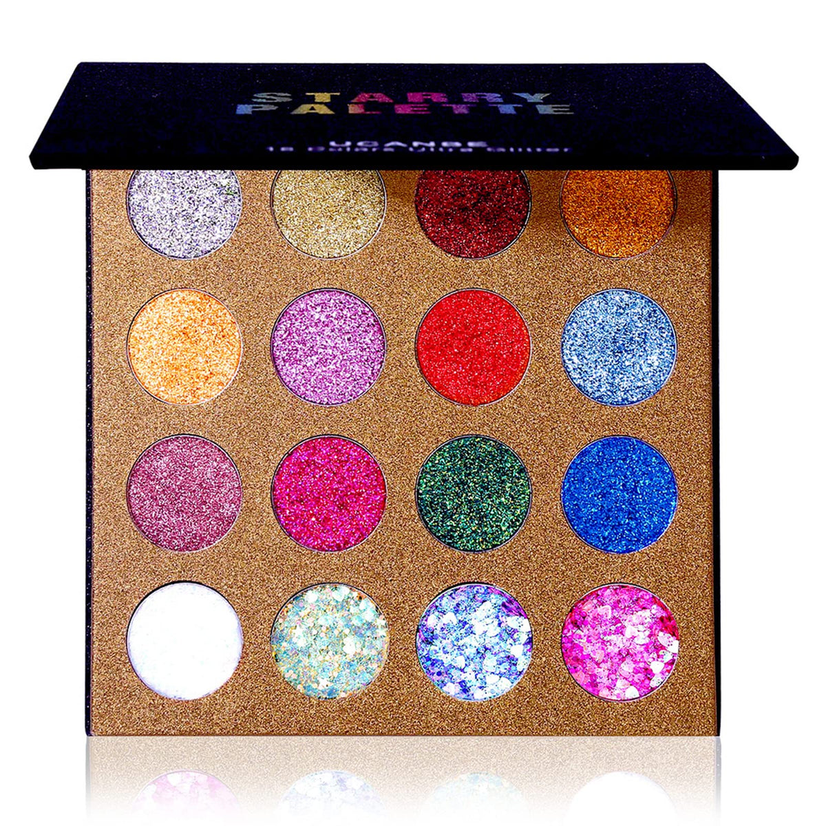 UCANBE palette front open showing all 16 glitter shades and palette layout benefit