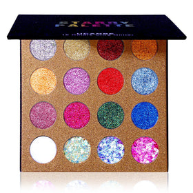 UCANBE palette front open showing all 16 glitter shades and palette layout benefit