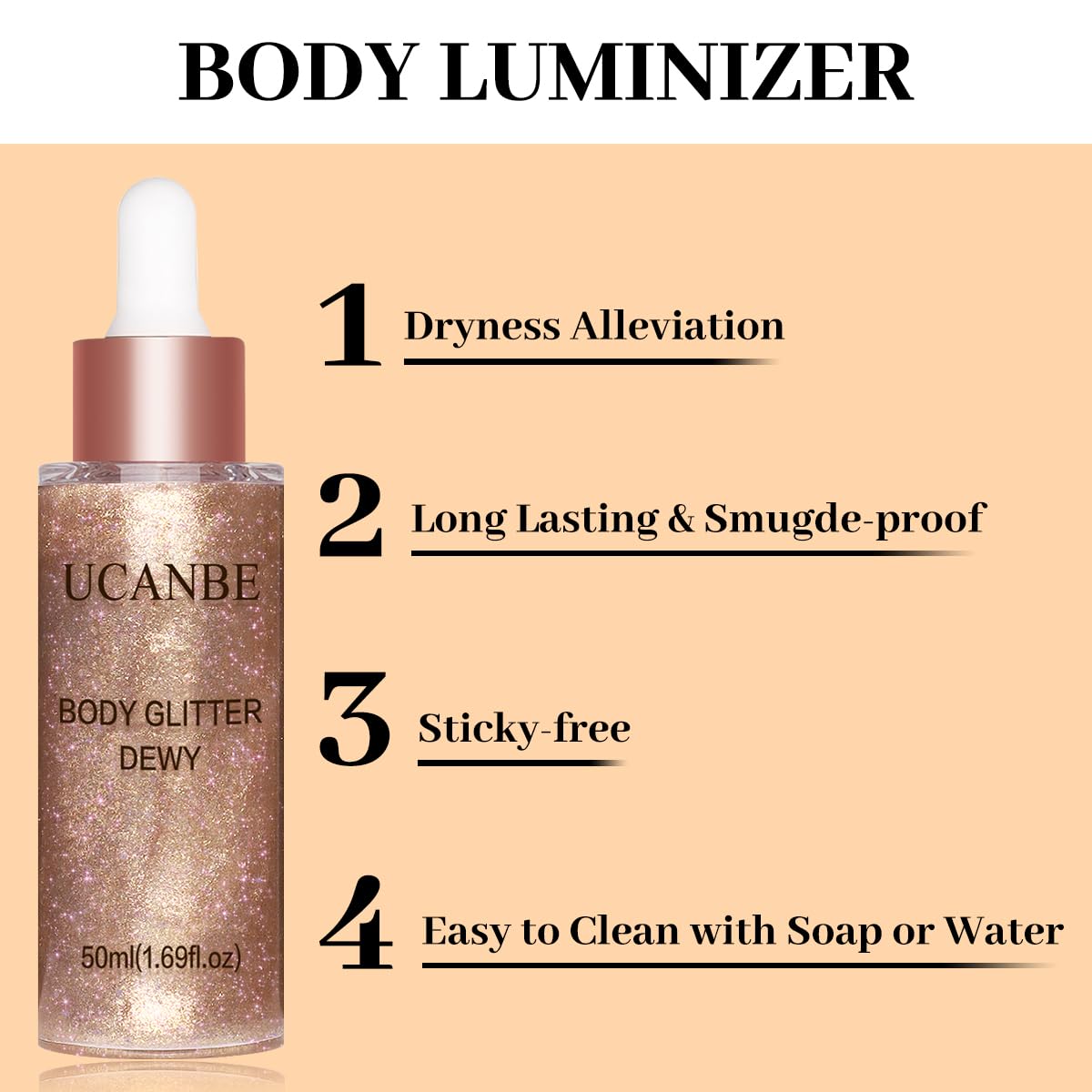 UCANBE dropper dispensing rose gold drops for precise radiant application