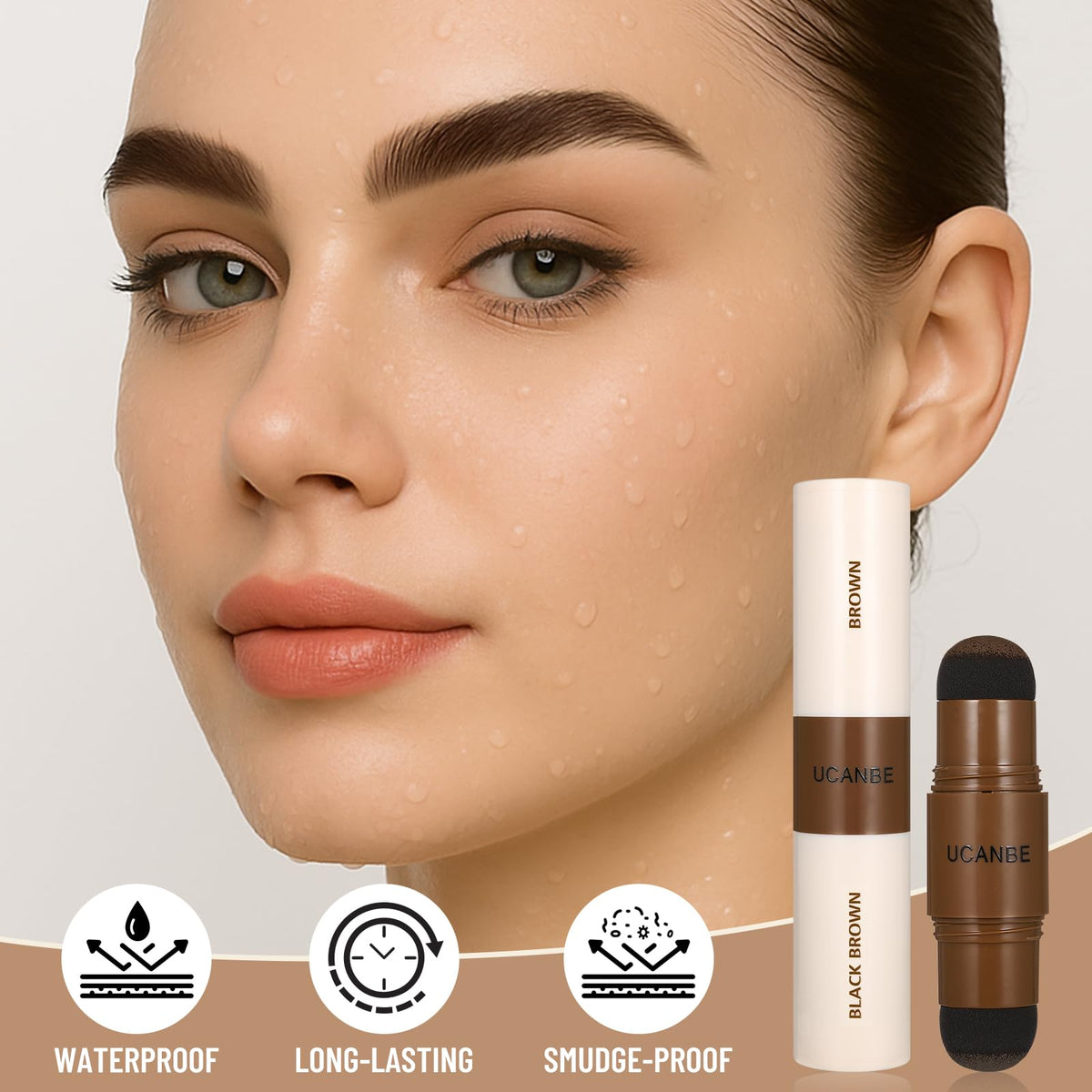 UCANBE eyebrow stamp being applied on model for quick natural brows