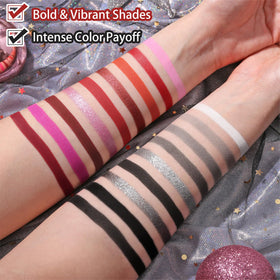 UCANBE warm-tone swatches on arm showing burgundy and red payoff for dramatic looks