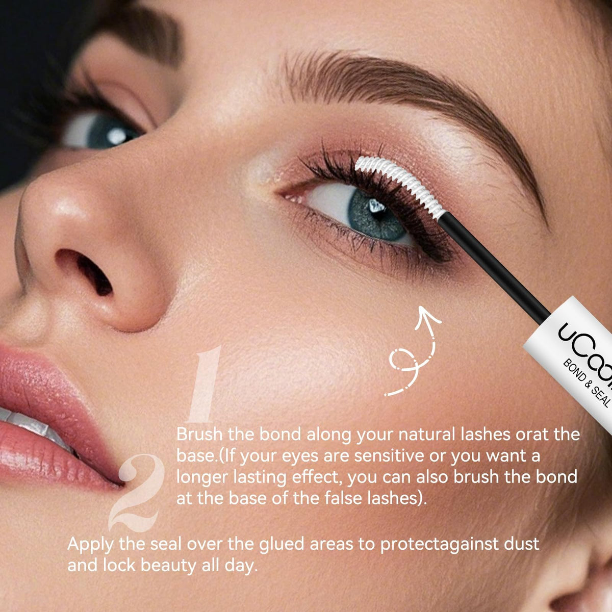 uCoolMe in-use shot applying glue to cluster lashes for easy at-home styling