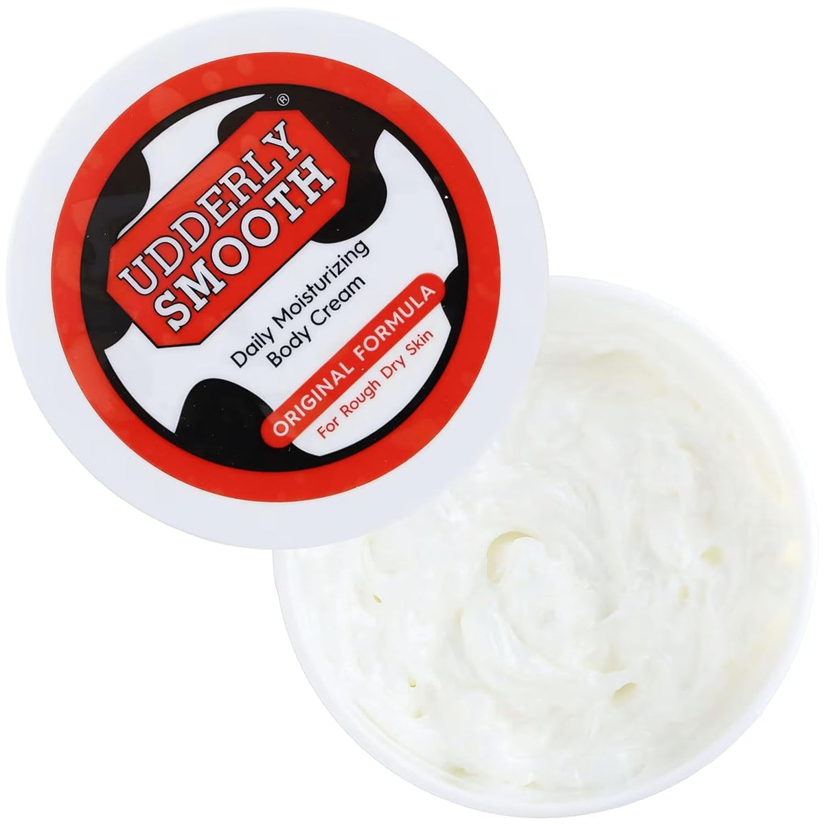 UDDERLY SMOOTH jars on bathroom shelf suggesting everyday convenience