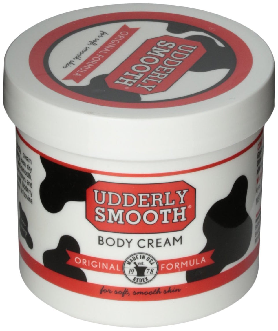 Udderly Smooth jar front view showing label and non-greasy rich cream benefits