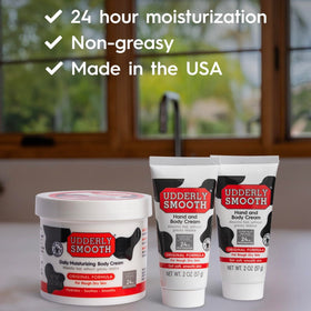 Udderly Smooth hand cream close-up showing tube detail and fast-absorbing texture benefit
