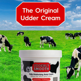 Udderly Smooth size comparison showing 2 oz tube and 12 oz jar for practical portability