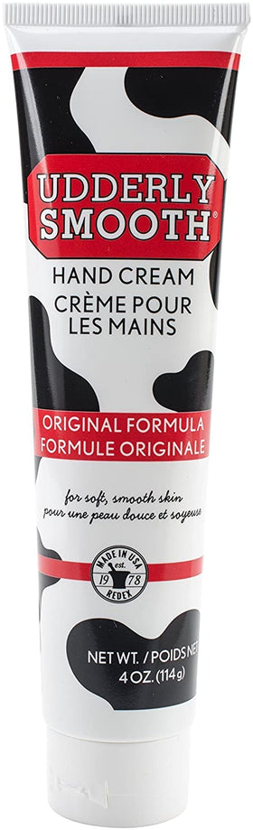 Udderly Smooth tube next to a phone showing 4 oz travel-friendly size and portability