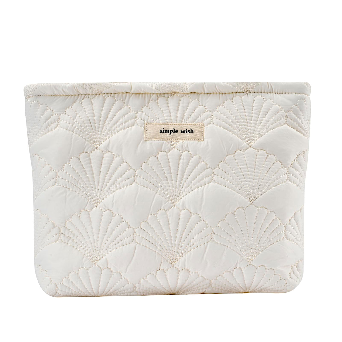 uekeboag front view of white quilted pouch showing elegant floral pattern and portability