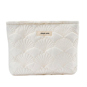 uekeboag front view of white quilted pouch showing elegant floral pattern and portability