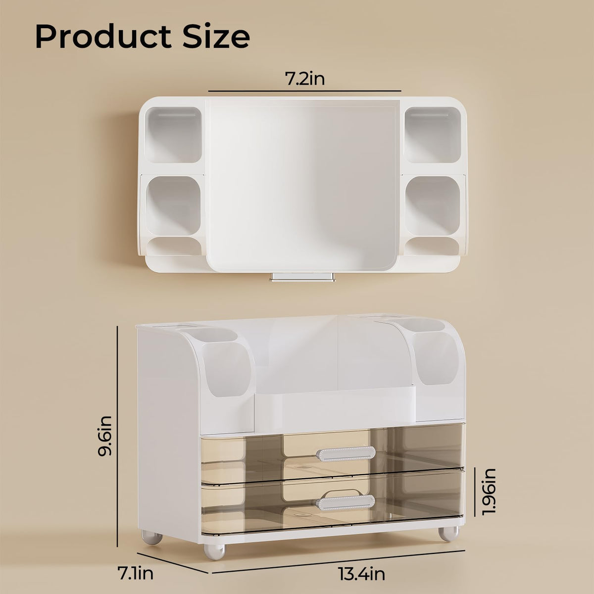 UFORU on bathroom countertop with skincare and perfume, creates tidy vanity space