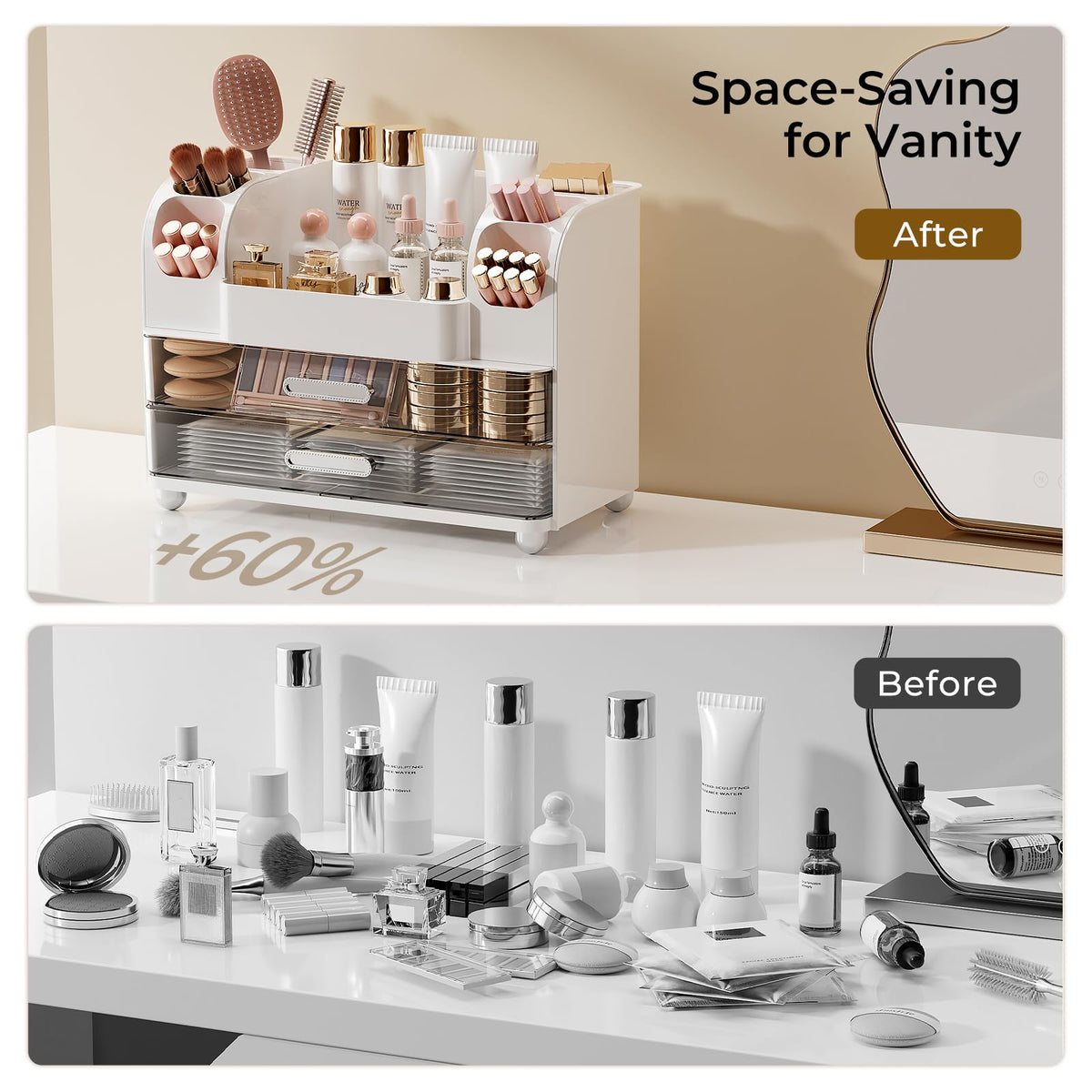 UFORU drawer interior filled with palettes and tools, keeps makeup sorted