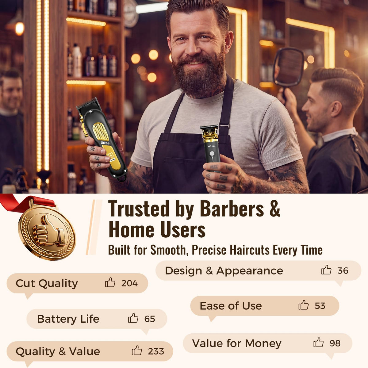 Ufree accessories layout with combs, oil, brush and cables for complete at-home maintenance