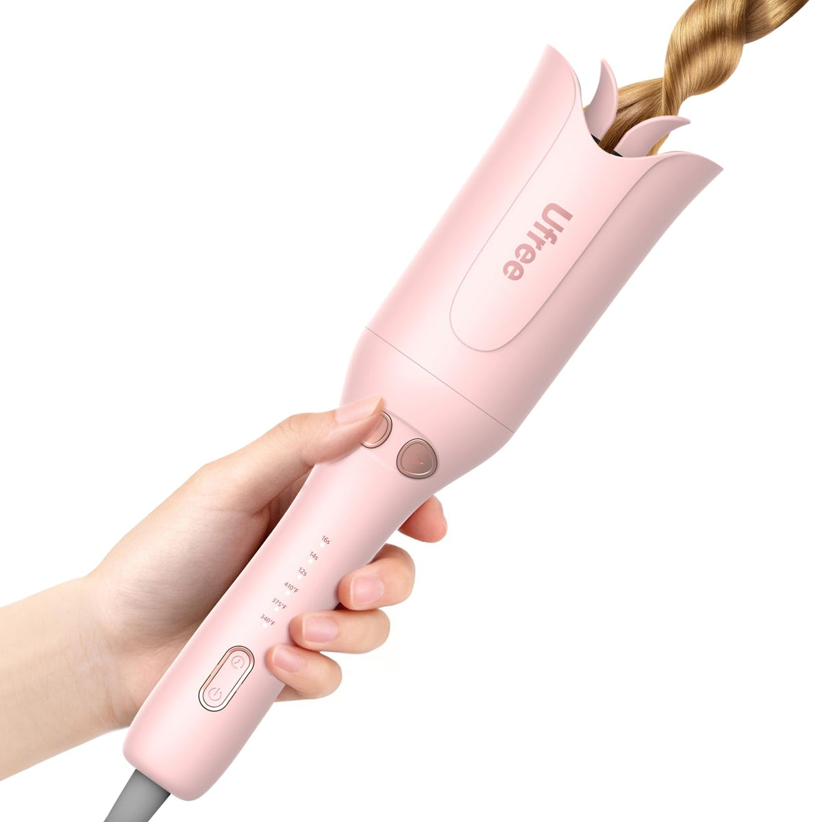 Ufree curling iron front view showing sleek rose gold finish and controls for polished styling