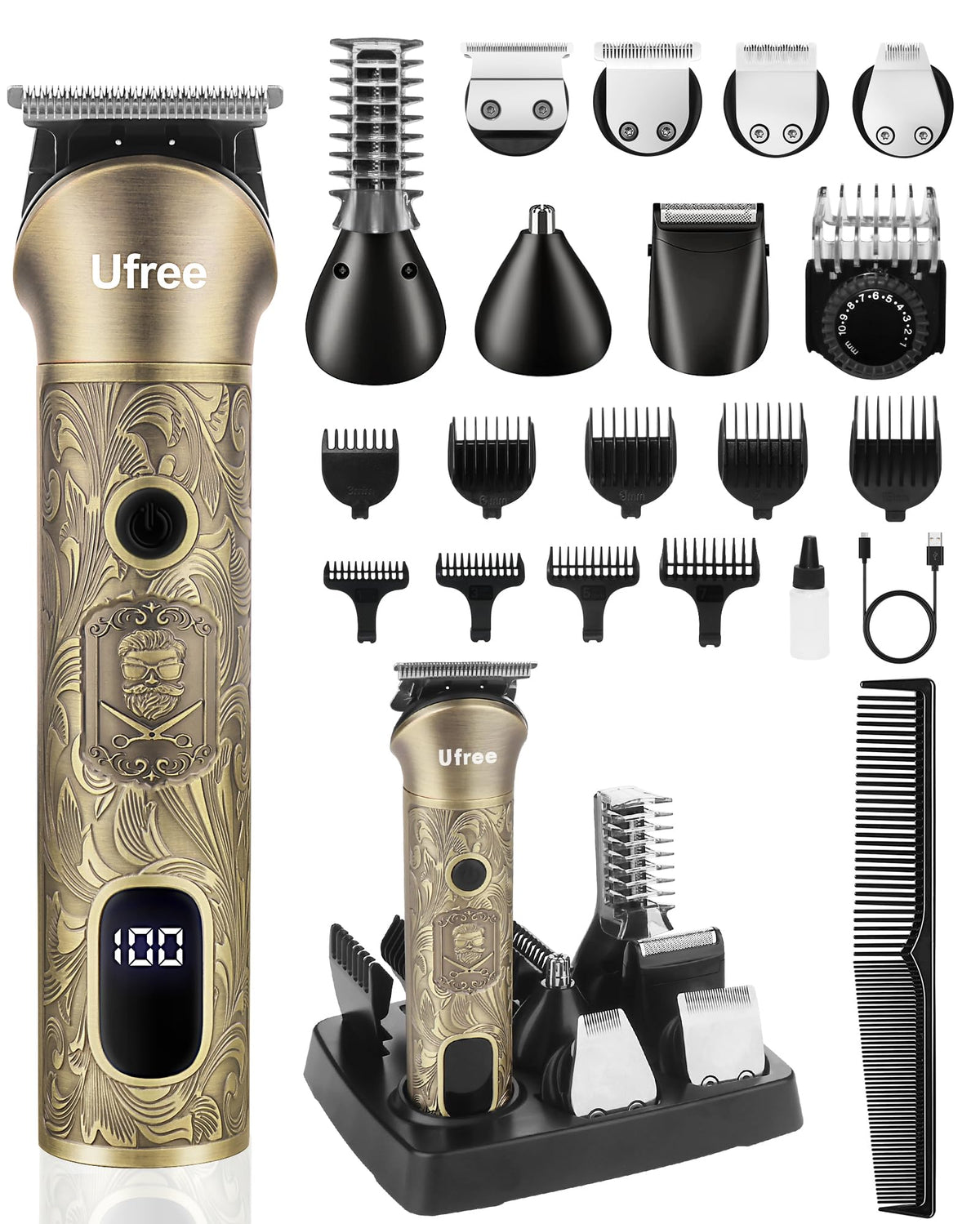 Ufree front view of trimmer showing design and included accessories for versatile grooming