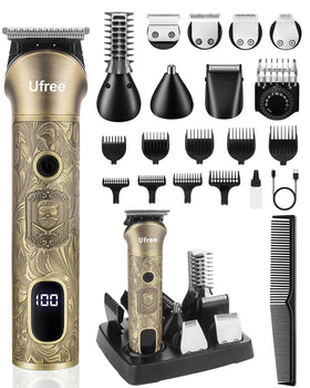 Ufree front view of trimmer showing design and included accessories for versatile grooming