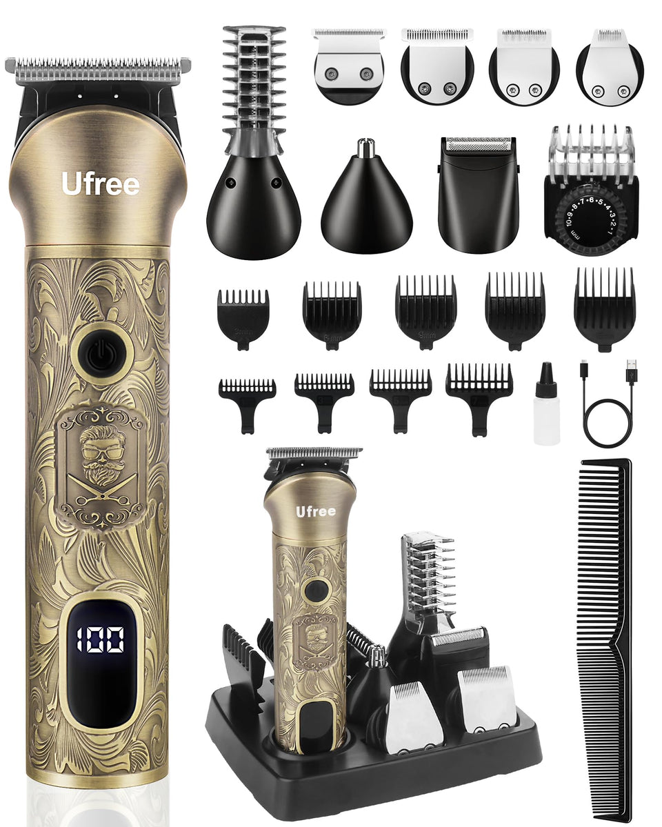 Ufree front view of trimmer showing design and included accessories for versatile grooming