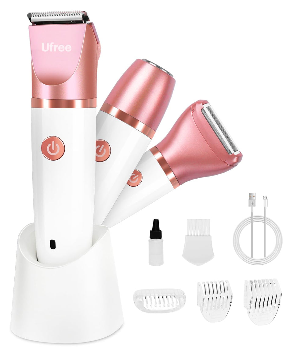 Ufree bikini trimmer front view showing compact gold body and power button benefit precision