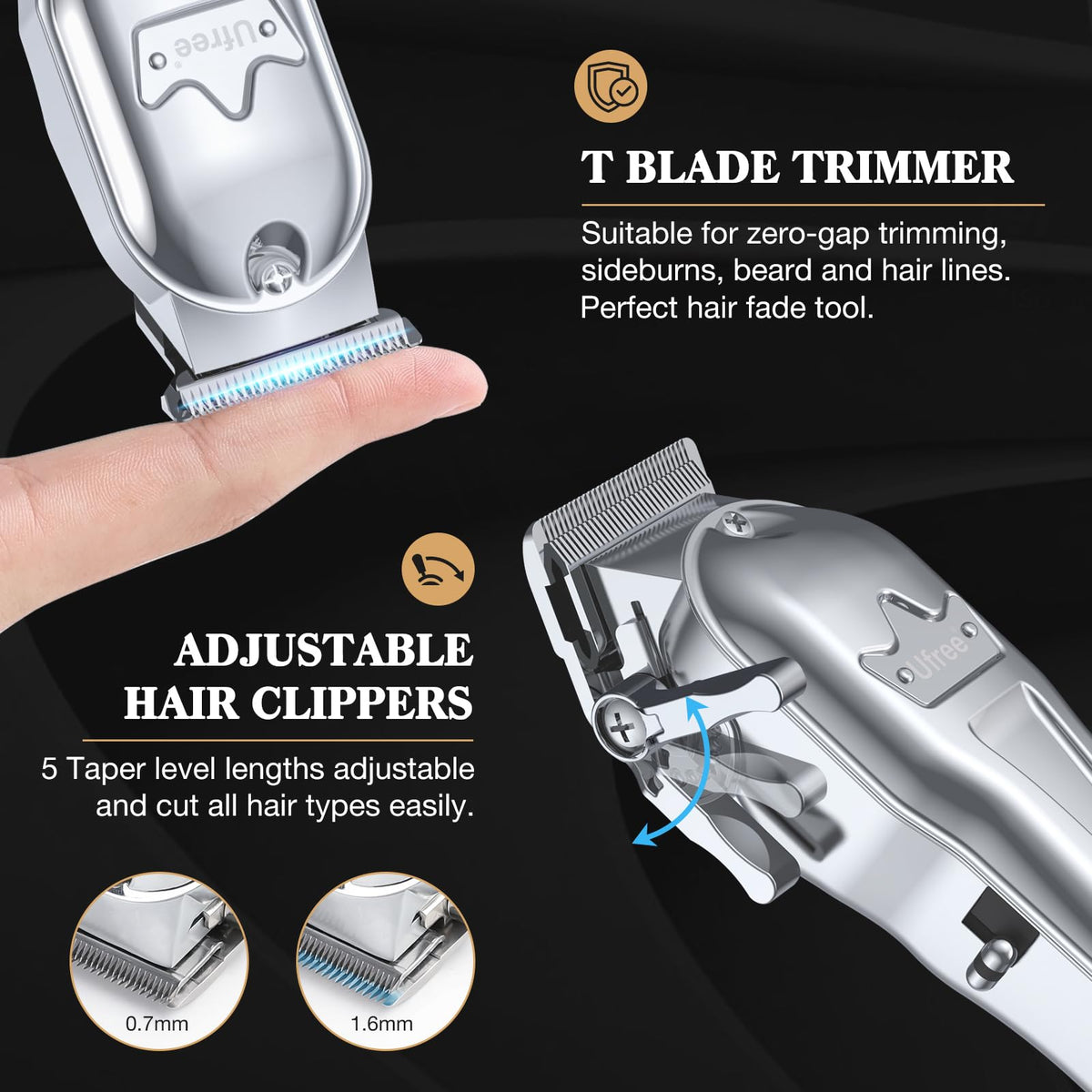 Ufree T-blade closeup highlighting sharp polished edges for smooth, pull-free trimming