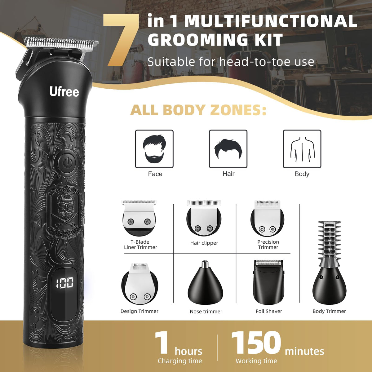Ufree detachable heads arranged neatly to show grooming versatility