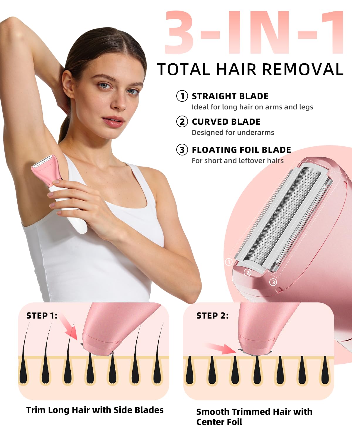 Ufree detachable heads arranged to show versatility for bikini, face, and foil trimming