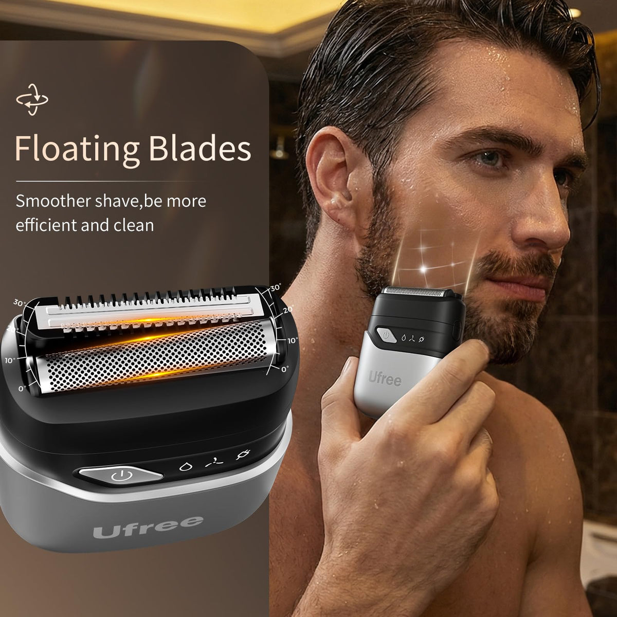 Ufree dual-foil shaver head detail delivering smooth, close shaves safely