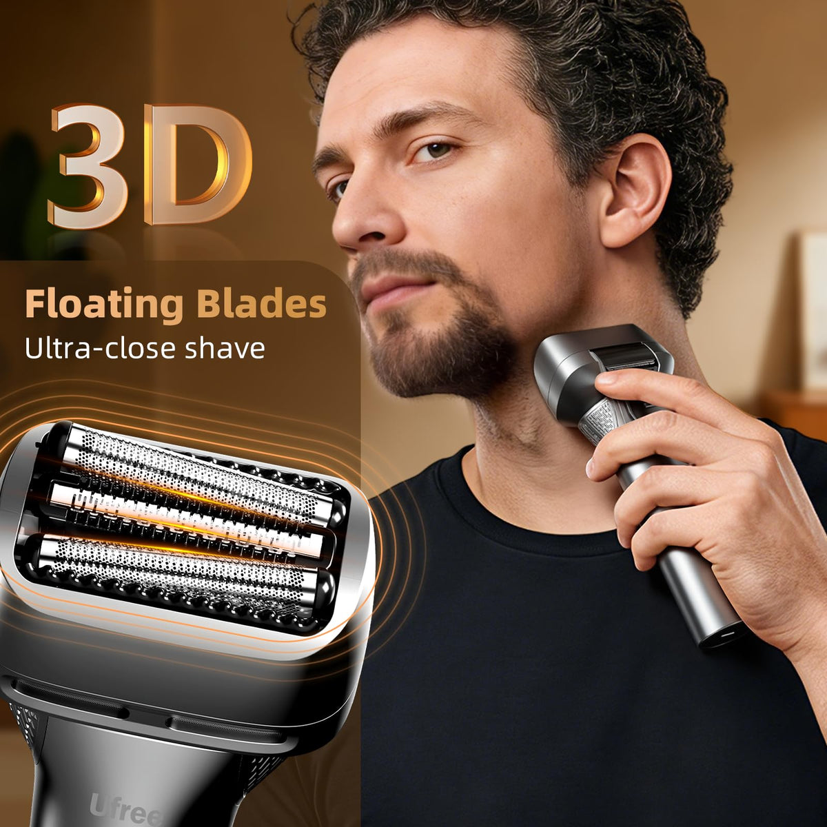Ufree close-up of floating foil head demonstrating contour-adapting blades for a smoother shave