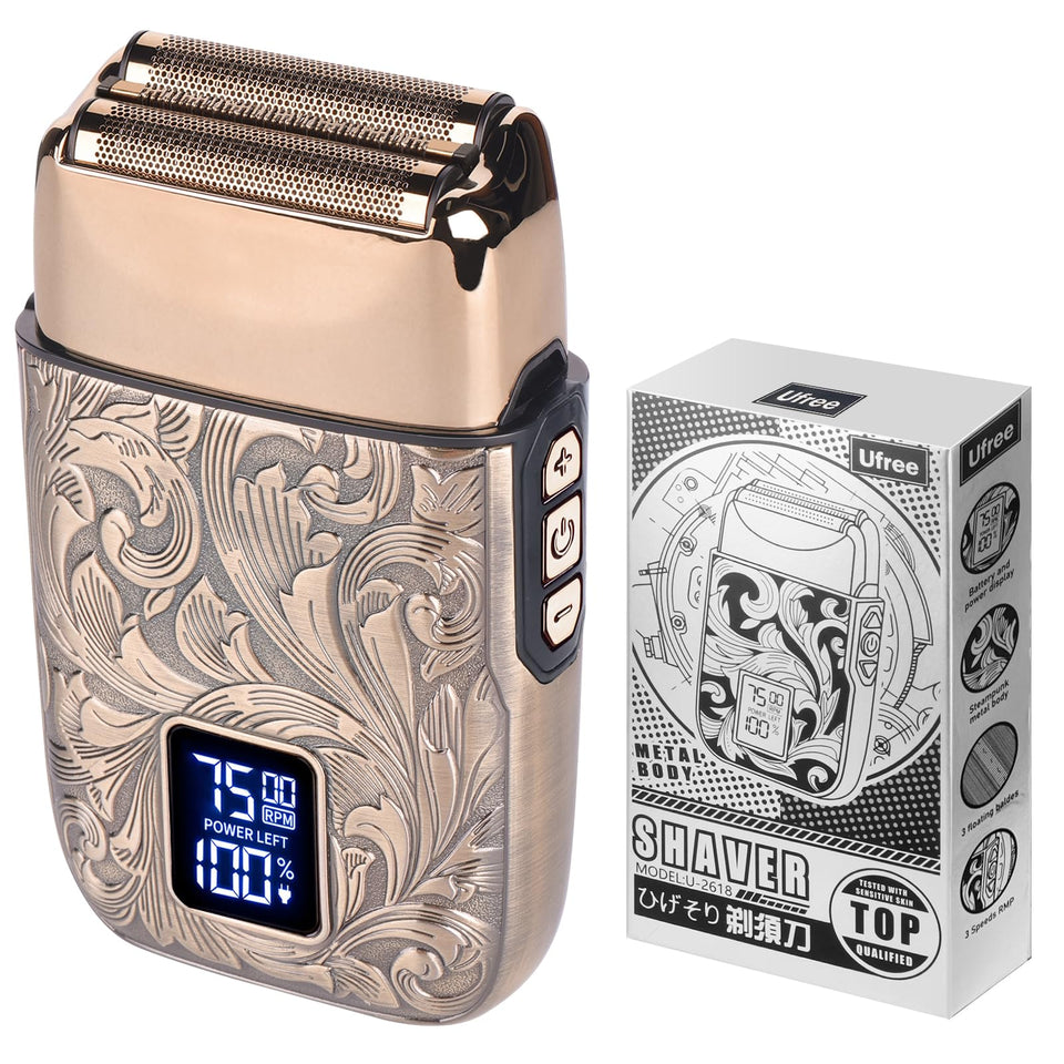 Ufree foil shaver front view showing on/off button and ergonomic design for comfortable handling