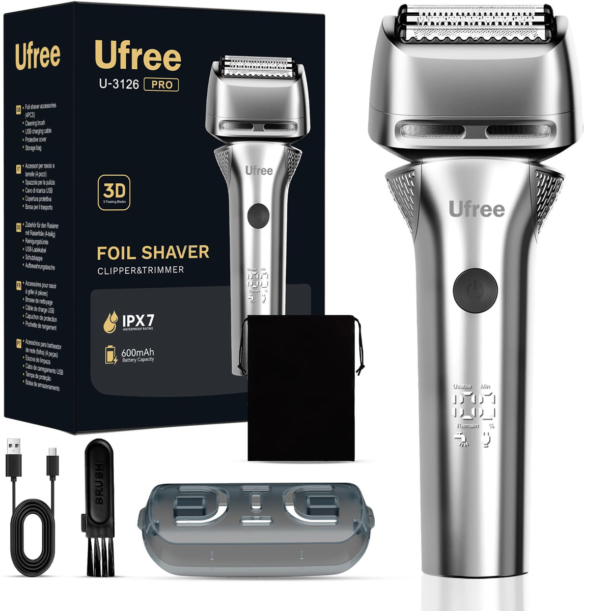 Ufree foil shaver front view showing sleek silver design and ergonomic grip for comfortable handling