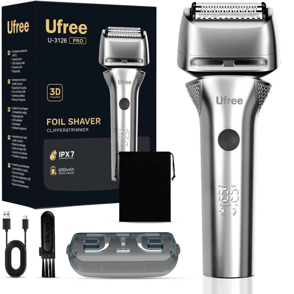 Ufree foil shaver front view showing sleek silver design and ergonomic grip for comfortable handling