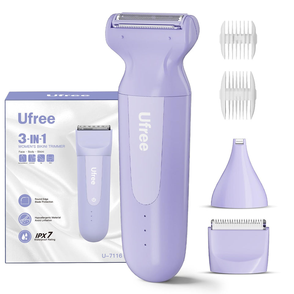Ufree front packaging showing device and accessories for versatile grooming
