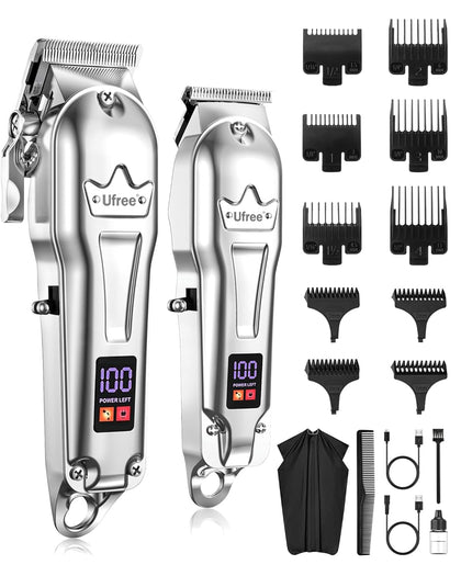 Ufree front view of clippers kit showing sleek silver finish and included accessories for professional results